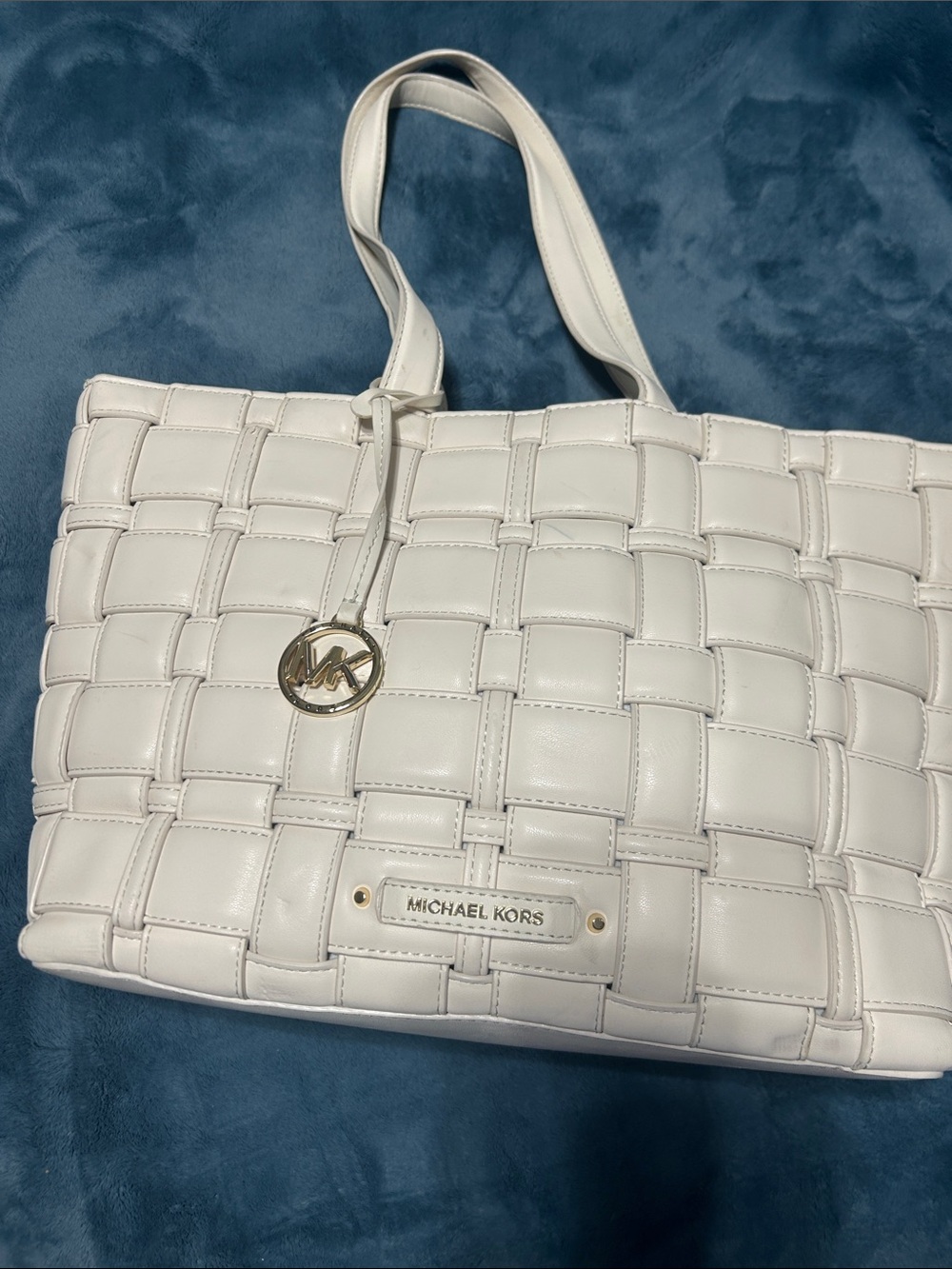 Michael Kors White Woven Tote with Gold Logo Charm